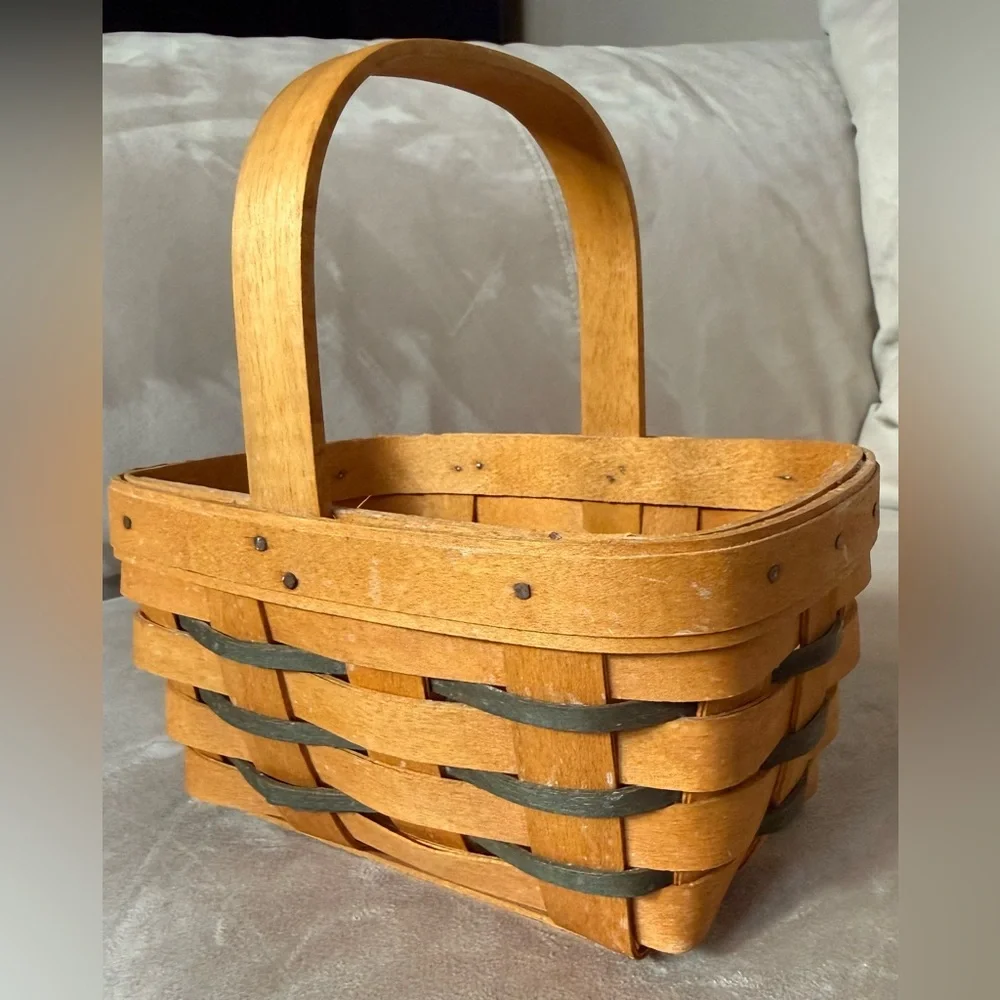 Longaberger Handcrafted Wooden Basket with Blue Lining and Plastic Liner